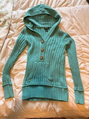 Eddie Bauer Teal Hooded Button-Front Knit Sweater